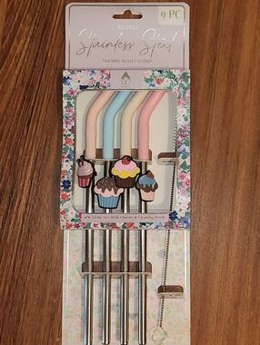 Reusable Stainless Steel Straws with Pastel Sleeves and Cupcake Charms